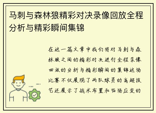 马刺与森林狼精彩对决录像回放全程分析与精彩瞬间集锦