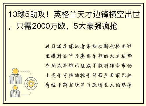 13球5助攻！英格兰天才边锋横空出世，只需2000万欧，5大豪强疯抢