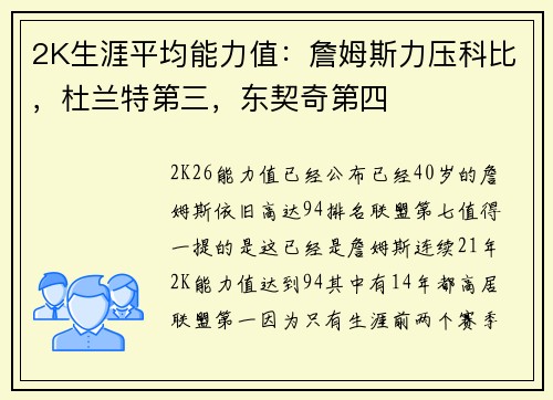 2K生涯平均能力值：詹姆斯力压科比，杜兰特第三，东契奇第四